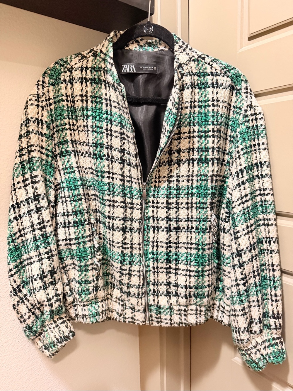 Zara White, Green & Black Plaid Tweed Bomber Jacket